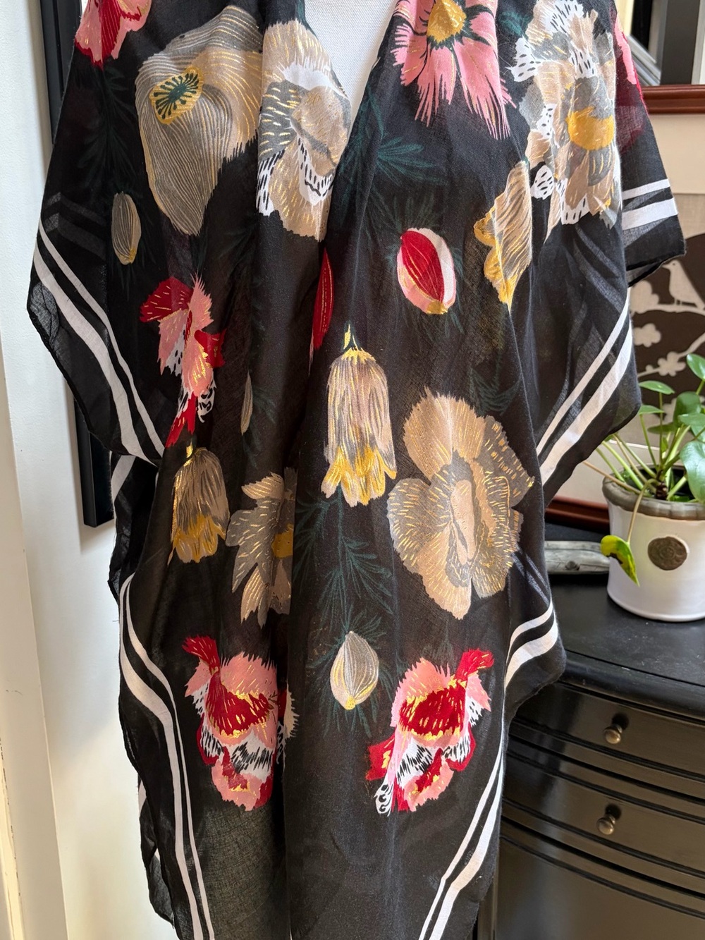 Woven Heart Black Floral Sheer Wrap with Pink Red and Yellow Blooms